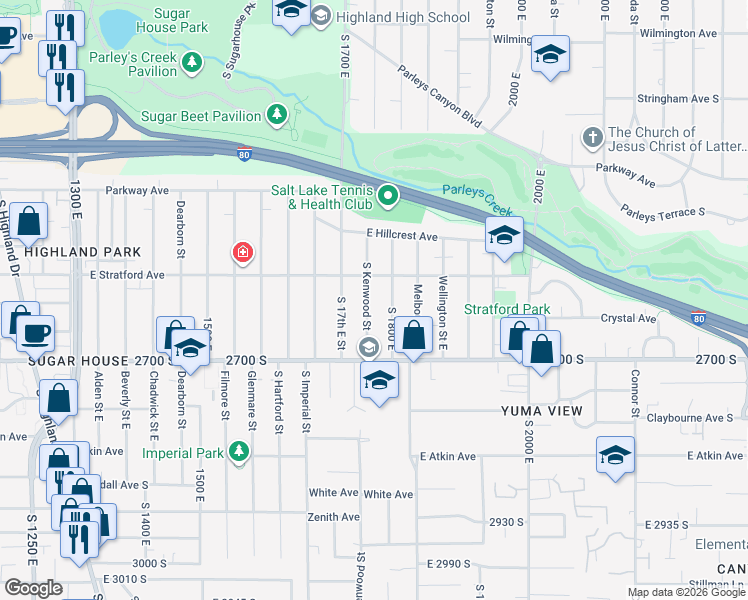 map of restaurants, bars, coffee shops, grocery stores, and more near 2642 South 1800 East in Salt Lake City