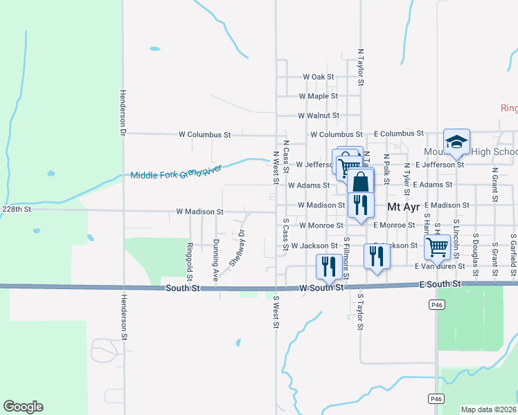 map of restaurants, bars, coffee shops, grocery stores, and more near 600-602 West Madison Street in Mount Ayr