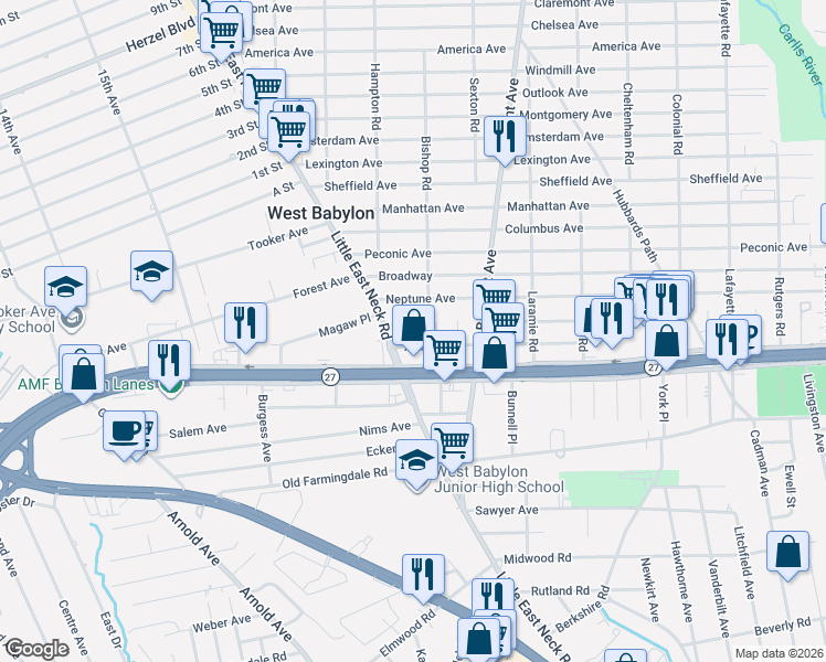 map of restaurants, bars, coffee shops, grocery stores, and more near 47 Jerome Avenue in West Babylon