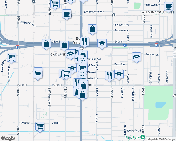map of restaurants, bars, coffee shops, grocery stores, and more near 129 Vidas Avenue in South Salt Lake