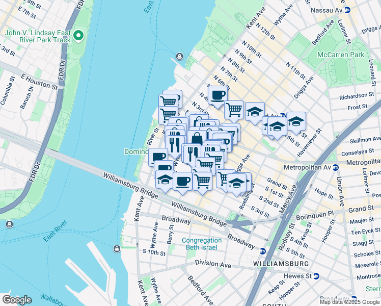 map of restaurants, bars, coffee shops, grocery stores, and more near 84 South 1st Street in Brooklyn