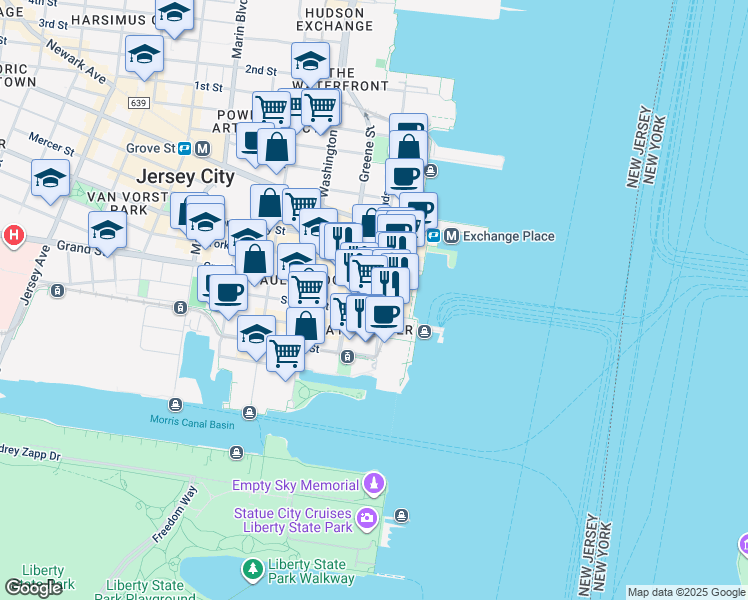 map of restaurants, bars, coffee shops, grocery stores, and more near 70 Greene Street in Jersey City