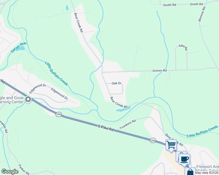 map of restaurants, bars, coffee shops, grocery stores, and more near 189 Bear Creek Road in Sarver
