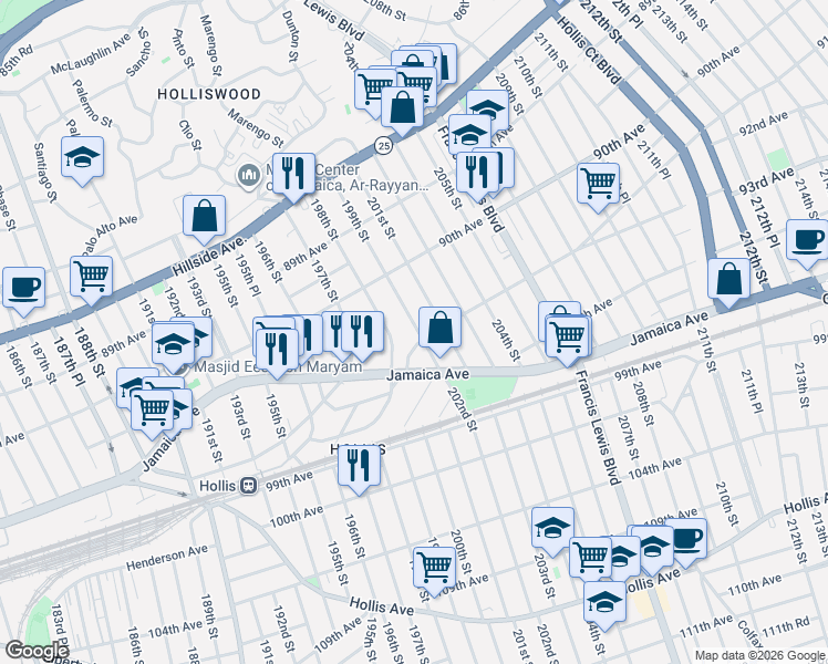 map of restaurants, bars, coffee shops, grocery stores, and more near 90-59 198th Street in Queens