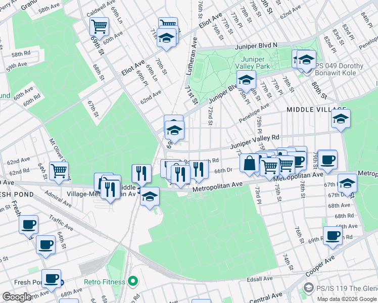 map of restaurants, bars, coffee shops, grocery stores, and more near 69-38 Juniper Valley Road in Queens