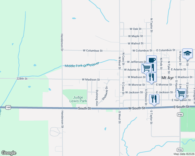 map of restaurants, bars, coffee shops, grocery stores, and more near 844-870 West Madison Street in Mount Ayr