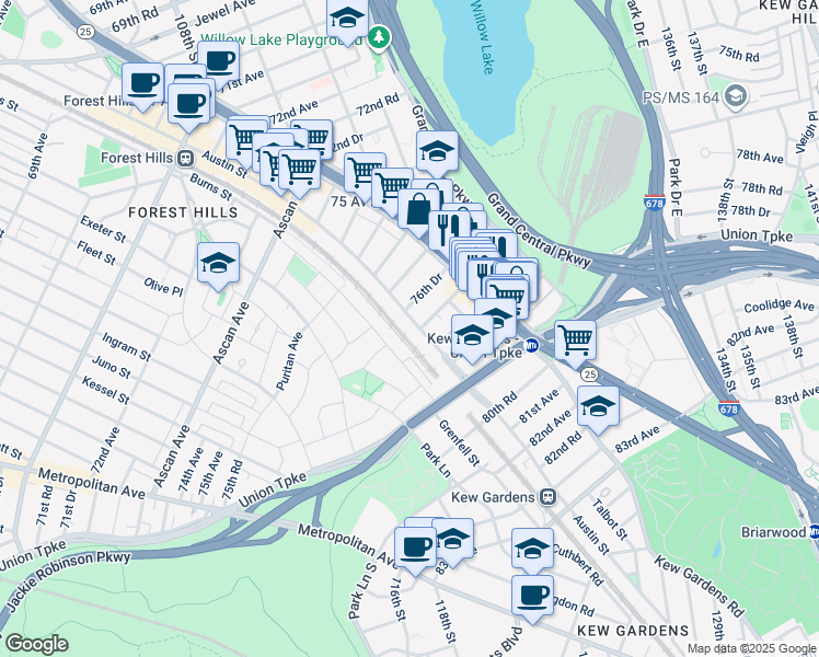 map of restaurants, bars, coffee shops, grocery stores, and more near 76-66 Austin Street in Queens
