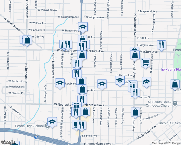 map of restaurants, bars, coffee shops, grocery stores, and more near 209 East Thrush Avenue in Peoria