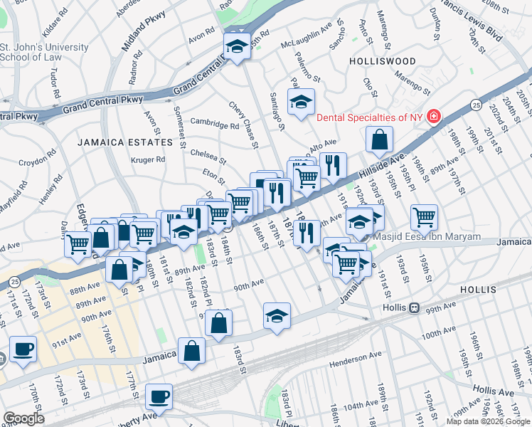 map of restaurants, bars, coffee shops, grocery stores, and more near Hillside Ave & 187th St in Queens