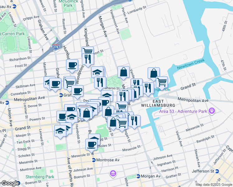map of restaurants, bars, coffee shops, grocery stores, and more near 991 Metropolitan Avenue in Brooklyn