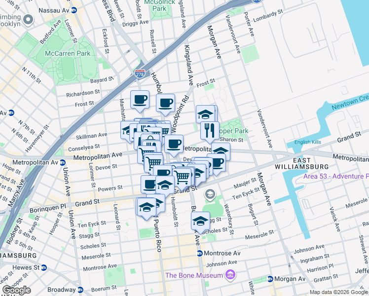 map of restaurants, bars, coffee shops, grocery stores, and more near Metropolitan Avenue & Orient Avenue in Brooklyn