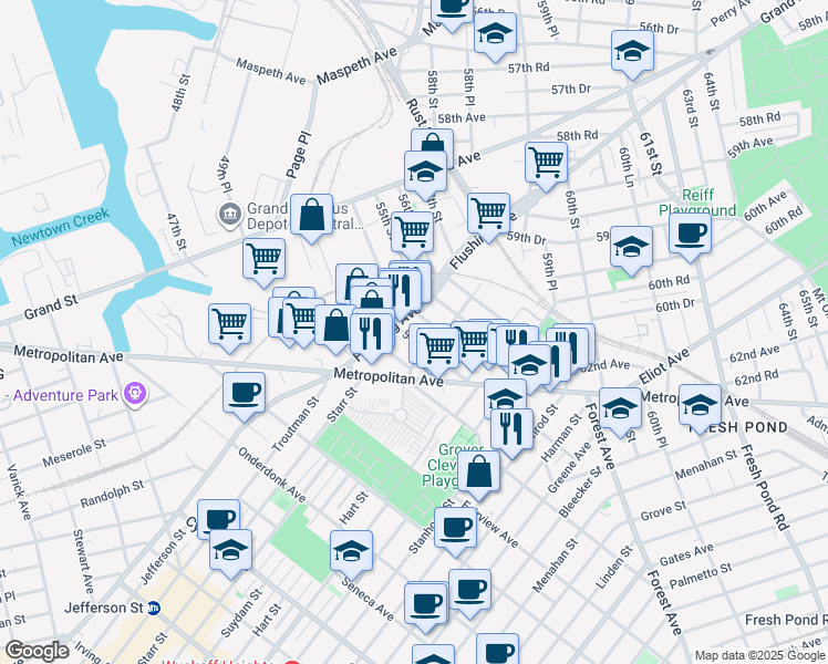 map of restaurants, bars, coffee shops, grocery stores, and more near 60-25 54th Street in Queens