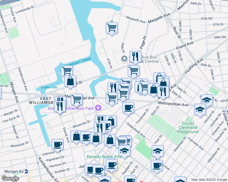 map of restaurants, bars, coffee shops, grocery stores, and more near in Queens