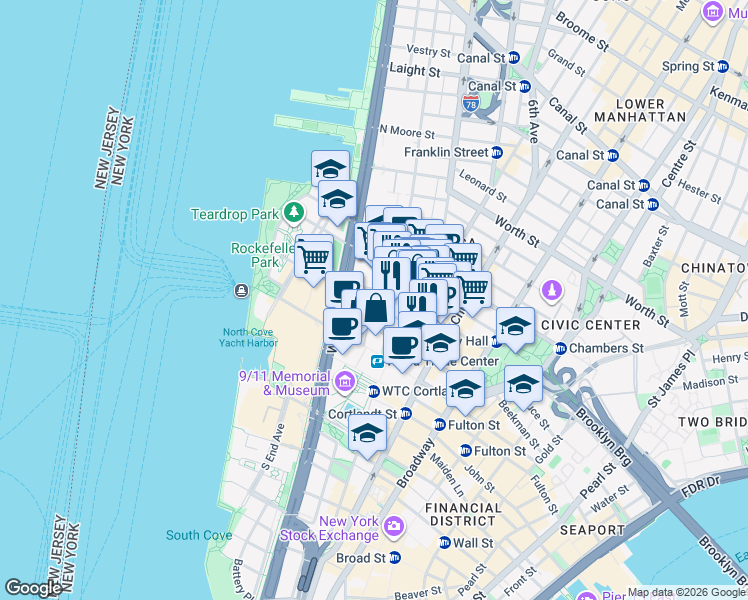map of restaurants, bars, coffee shops, grocery stores, and more near 101 Barclay Street in New York