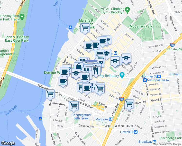 map of restaurants, bars, coffee shops, grocery stores, and more near 171 Grand St in Brooklyn