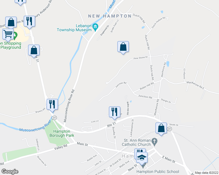 map of restaurants, bars, coffee shops, grocery stores, and more near 118 Junction Road in Hampton