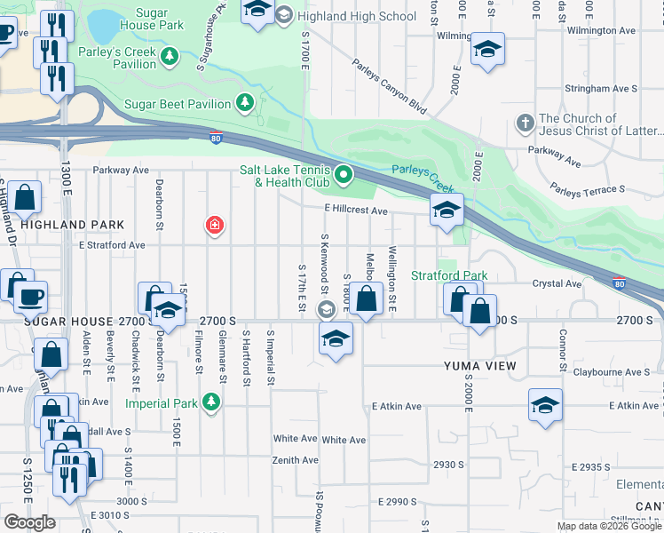 map of restaurants, bars, coffee shops, grocery stores, and more near 2642 South 1800 East in Salt Lake City