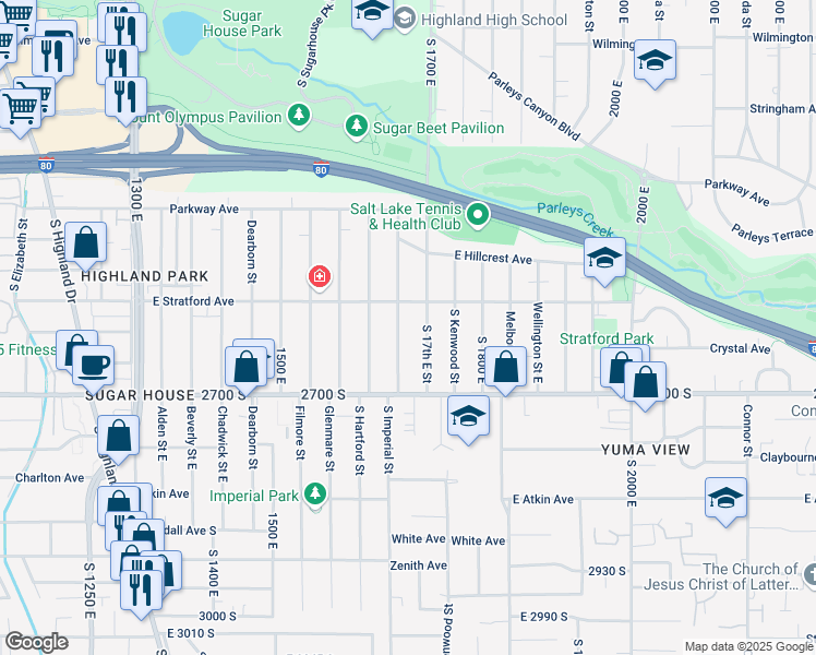 map of restaurants, bars, coffee shops, grocery stores, and more near 2645 South Imperial Street in Salt Lake City