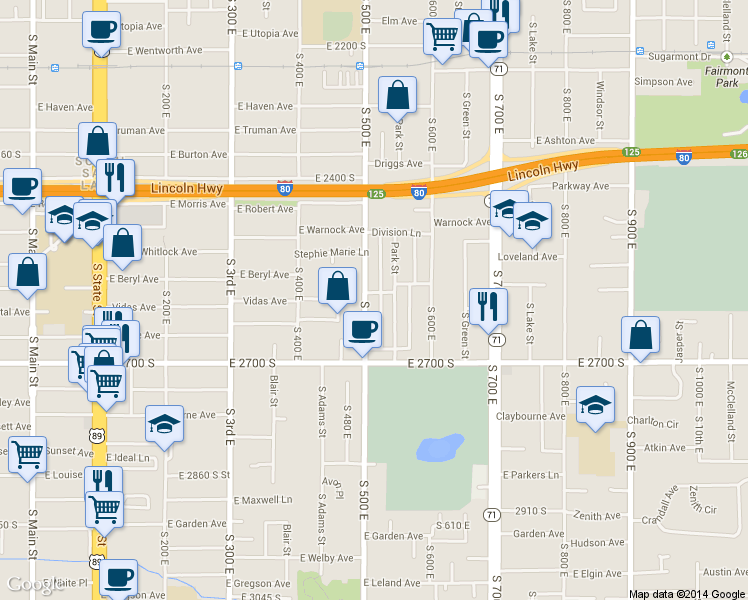 map of restaurants, bars, coffee shops, grocery stores, and more near 2580 Park Street East in Salt Lake City