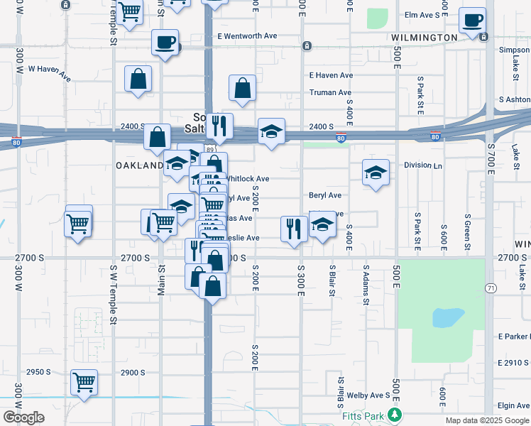 map of restaurants, bars, coffee shops, grocery stores, and more near 205 Vidas Avenue in Salt Lake City