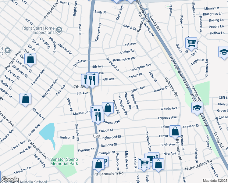 map of restaurants, bars, coffee shops, grocery stores, and more near 371 Star Street in East Meadow