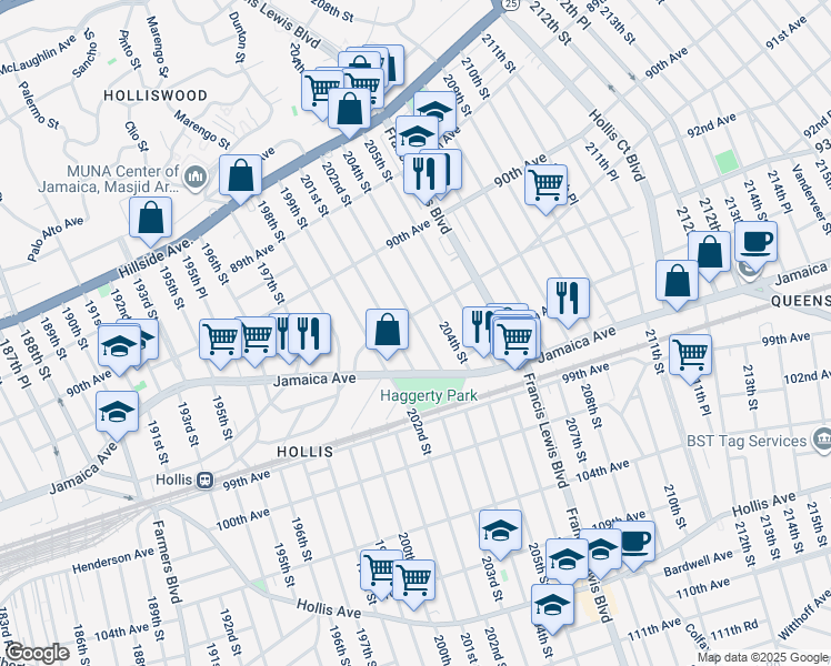 map of restaurants, bars, coffee shops, grocery stores, and more near 93-26 202nd Street in Queens