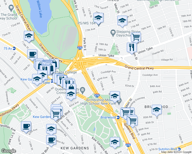 map of restaurants, bars, coffee shops, grocery stores, and more near 134-1 82nd Avenue in Queens