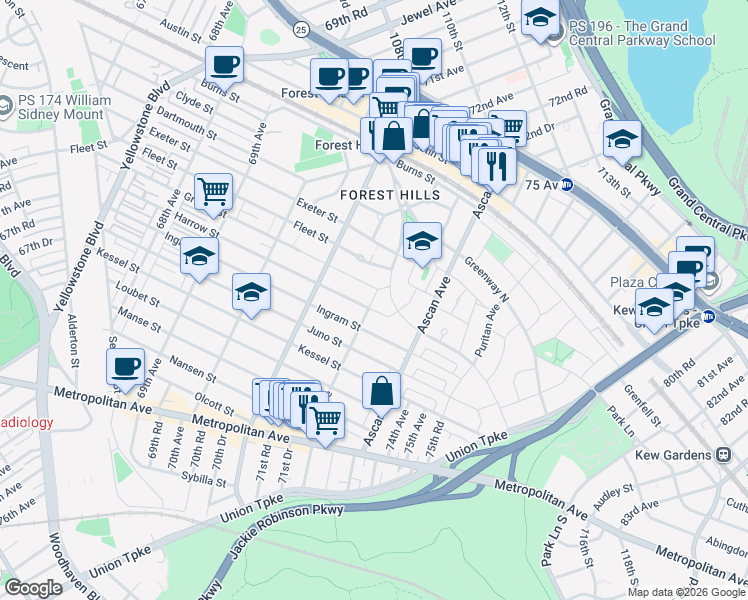 map of restaurants, bars, coffee shops, grocery stores, and more near 61 Greenway North in Queens