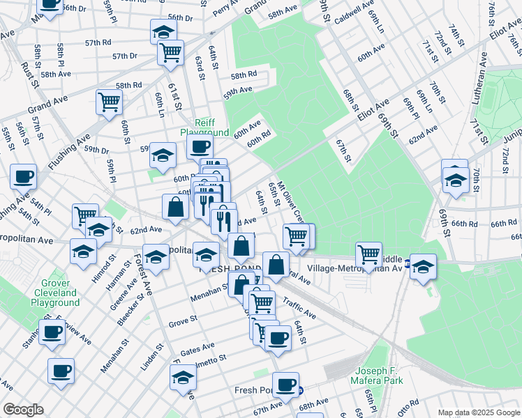 map of restaurants, bars, coffee shops, grocery stores, and more near 62-15 62nd Avenue in Queens