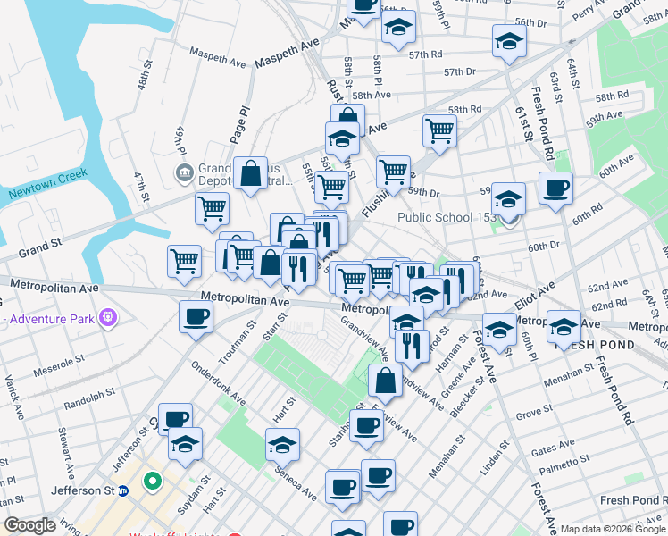 map of restaurants, bars, coffee shops, grocery stores, and more near 60-25 54th Street in Queens