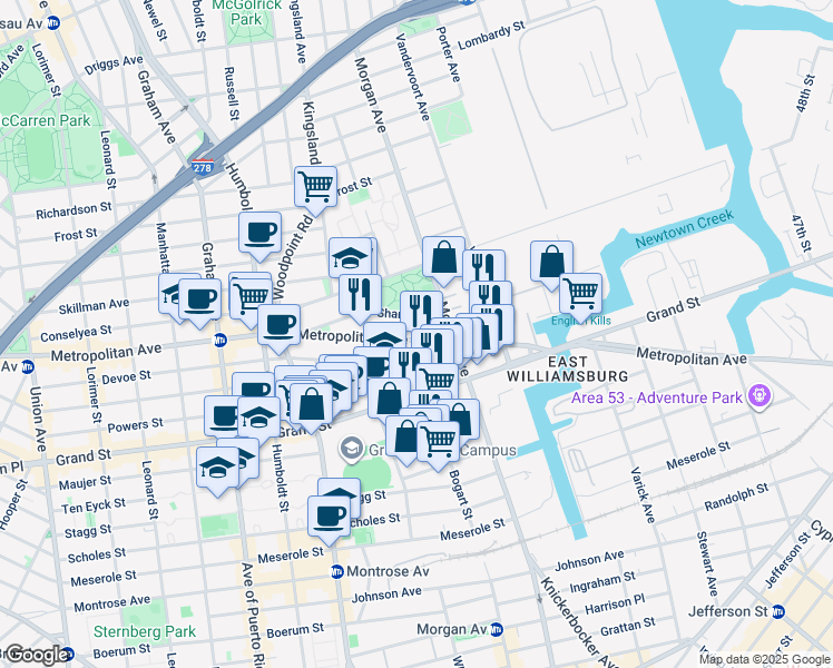 map of restaurants, bars, coffee shops, grocery stores, and more near 991 Metropolitan Avenue in Brooklyn