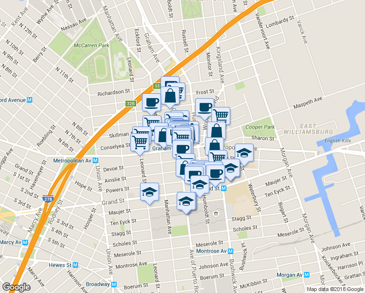 map of restaurants, bars, coffee shops, grocery stores, and more near 752 Metropolitan Avenue in Brooklyn