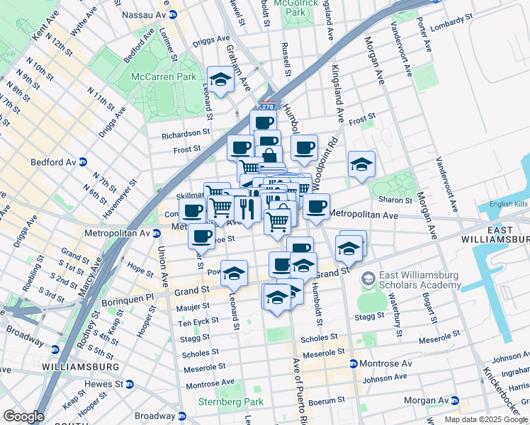 map of restaurants, bars, coffee shops, grocery stores, and more near 713 Metropolitan Avenue in Brooklyn