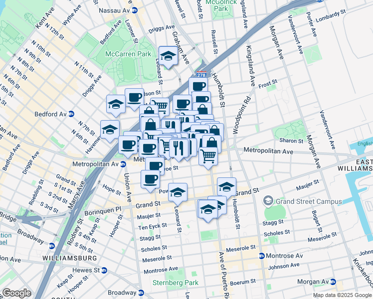 map of restaurants, bars, coffee shops, grocery stores, and more near 661 Metropolitan Avenue in Brooklyn
