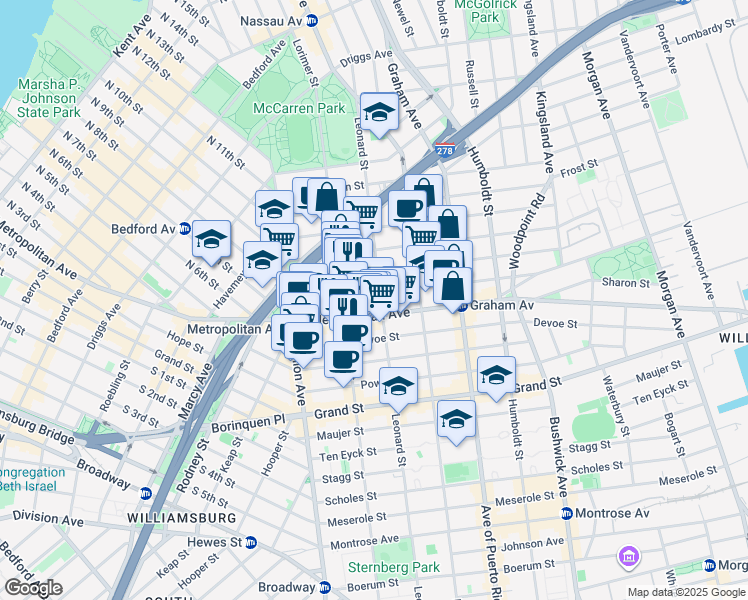 map of restaurants, bars, coffee shops, grocery stores, and more near in Brooklyn