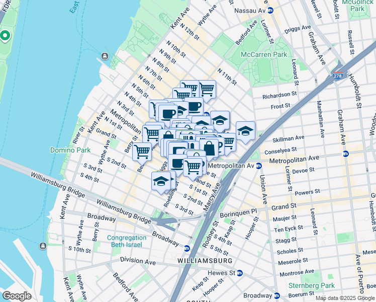 map of restaurants, bars, coffee shops, grocery stores, and more near 235-209 North 4th Street in Brooklyn