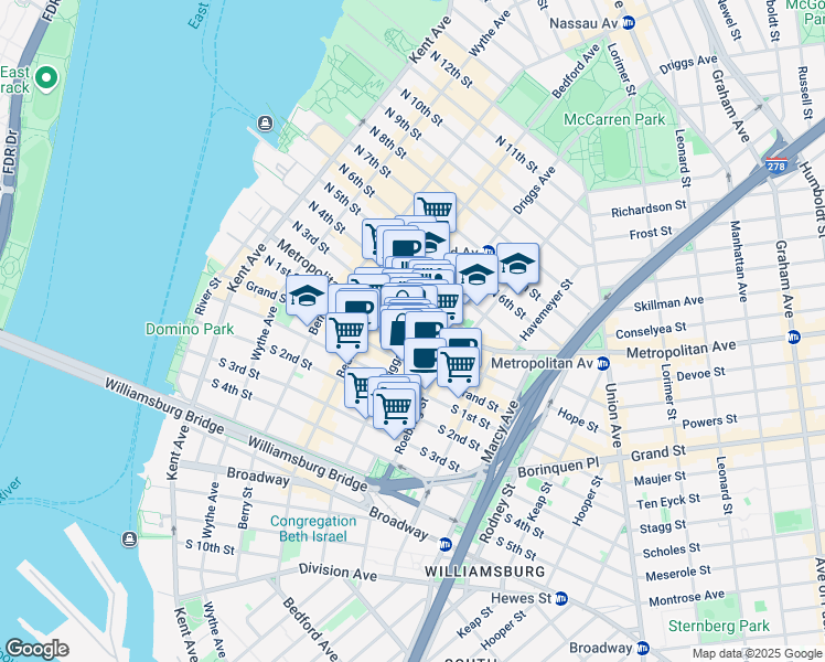 map of restaurants, bars, coffee shops, grocery stores, and more near 663A Driggs Avenue in Brooklyn