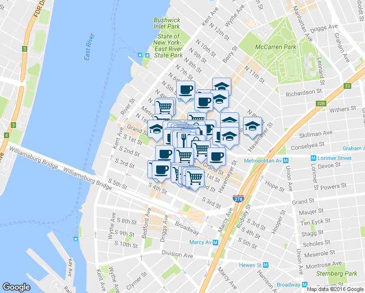 map of restaurants, bars, coffee shops, grocery stores, and more near 172 North 1st Street in Brooklyn