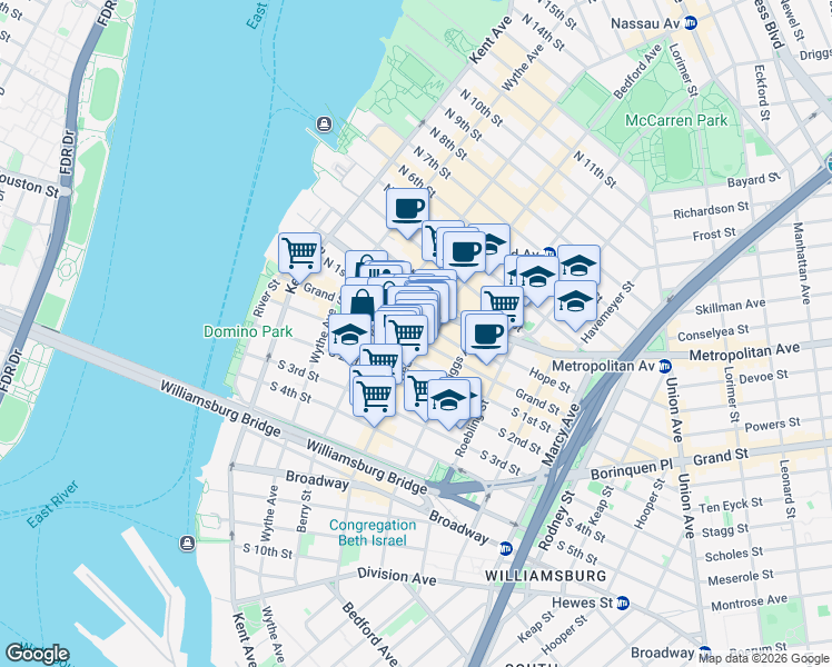 map of restaurants, bars, coffee shops, grocery stores, and more near 156 Grand Street in Brooklyn