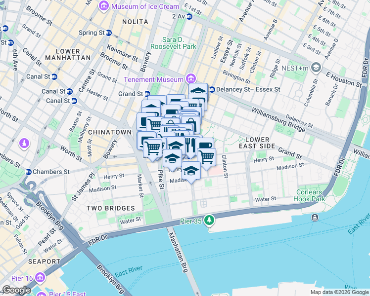 map of restaurants, bars, coffee shops, grocery stores, and more near 153 East Broadway in New York
