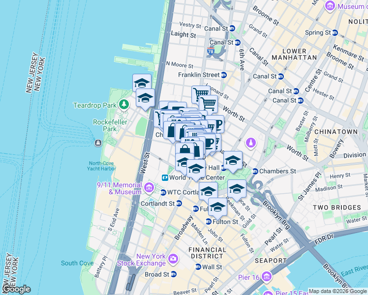 map of restaurants, bars, coffee shops, grocery stores, and more near 56 West Broadway in New York