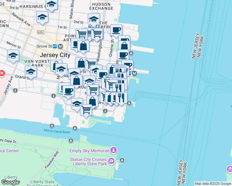 map of restaurants, bars, coffee shops, grocery stores, and more near 70 Hudson Street in Jersey City
