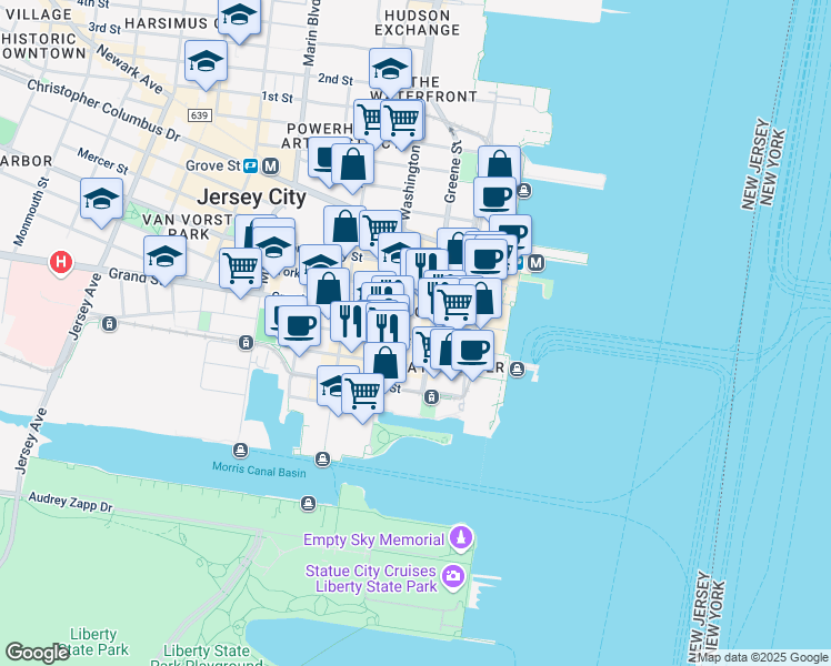 map of restaurants, bars, coffee shops, grocery stores, and more near 77 Sussex Street in Jersey City