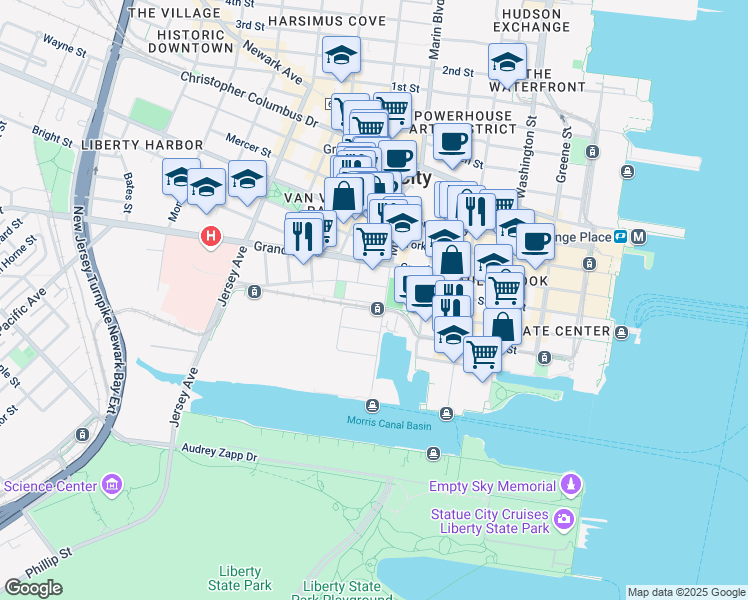 map of restaurants, bars, coffee shops, grocery stores, and more near 201 Marin Boulevard in Jersey City