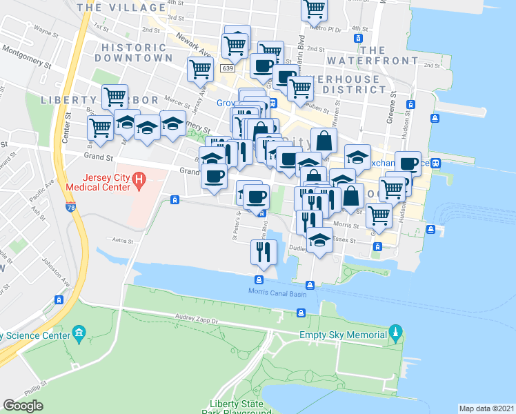 map of restaurants, bars, coffee shops, grocery stores, and more near 201 Marin Boulevard in Jersey City