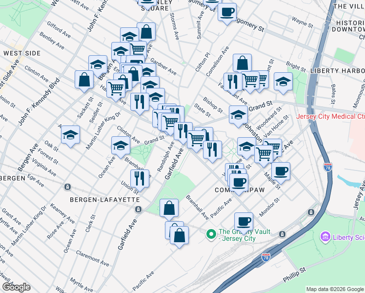 map of restaurants, bars, coffee shops, grocery stores, and more near 463 Communipaw Avenue in Jersey City
