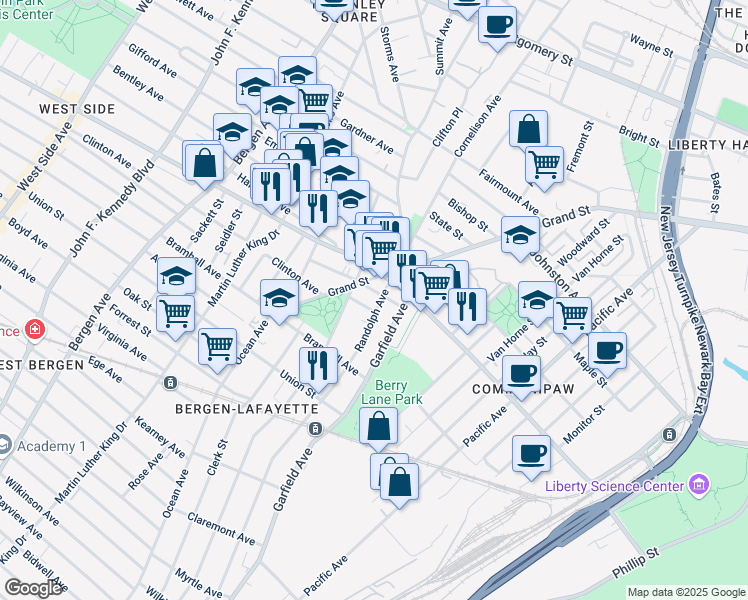 map of restaurants, bars, coffee shops, grocery stores, and more near 347 Randolph Avenue in Jersey City