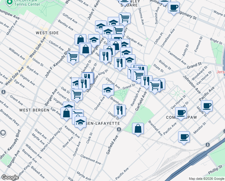 map of restaurants, bars, coffee shops, grocery stores, and more near 800 Grand Street in Jersey City