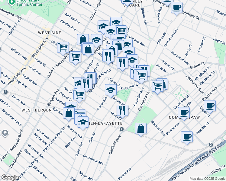 map of restaurants, bars, coffee shops, grocery stores, and more near in Jersey City