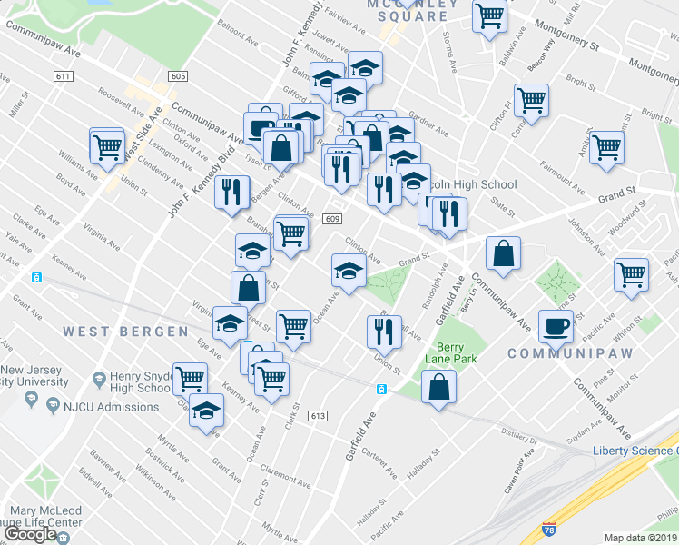 map of restaurants, bars, coffee shops, grocery stores, and more near in Jersey City